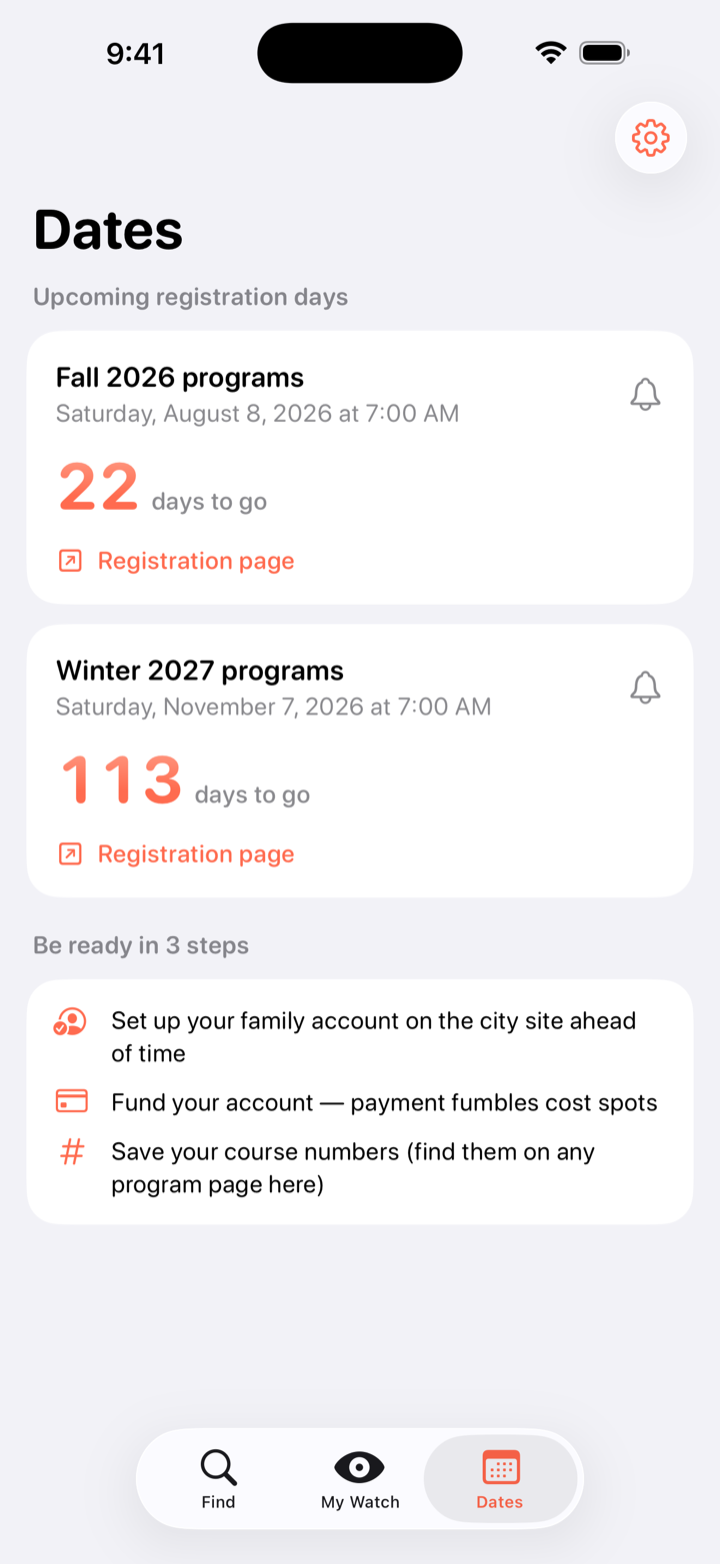 Dates screen with a countdown to the next Toronto registration day and reminder toggles