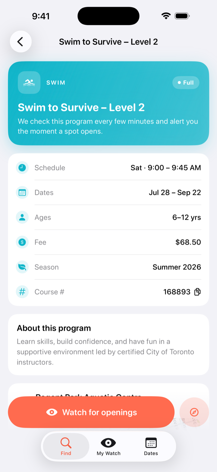 Program detail screen for a full swim class with a Watch for openings button