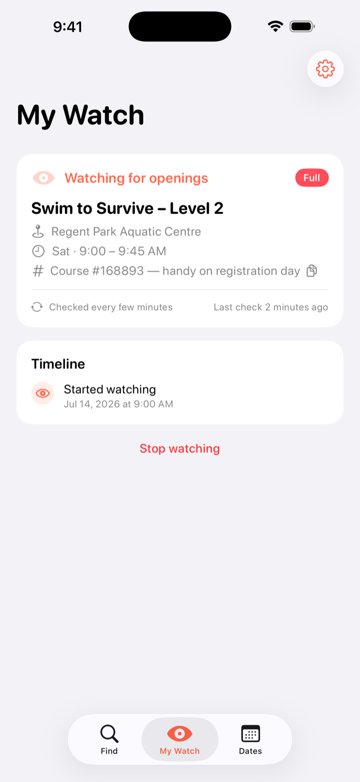 My Watch screen showing a watched program, its status, and when it was last checked
